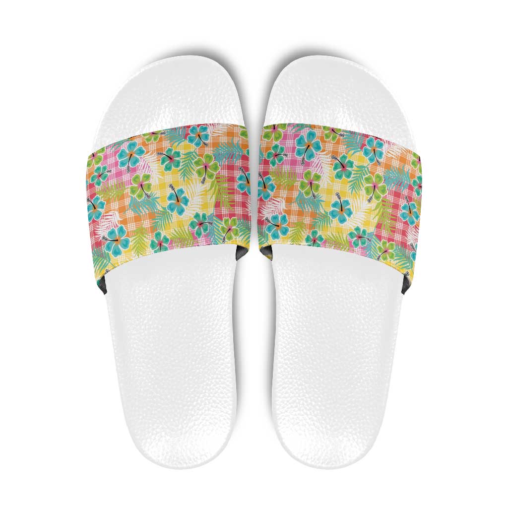 Hawaiian Palaka Slide Sandals Hibiscus Palm Leaf Pattern - Polynesian Pride