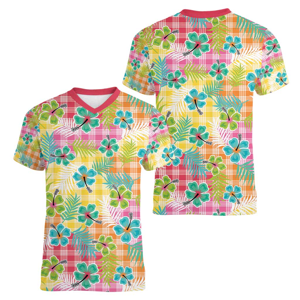 Hawaiian Palaka Women V-Neck T-Shirt Hibiscus Palm Leaf Pattern - Polynesian Pride