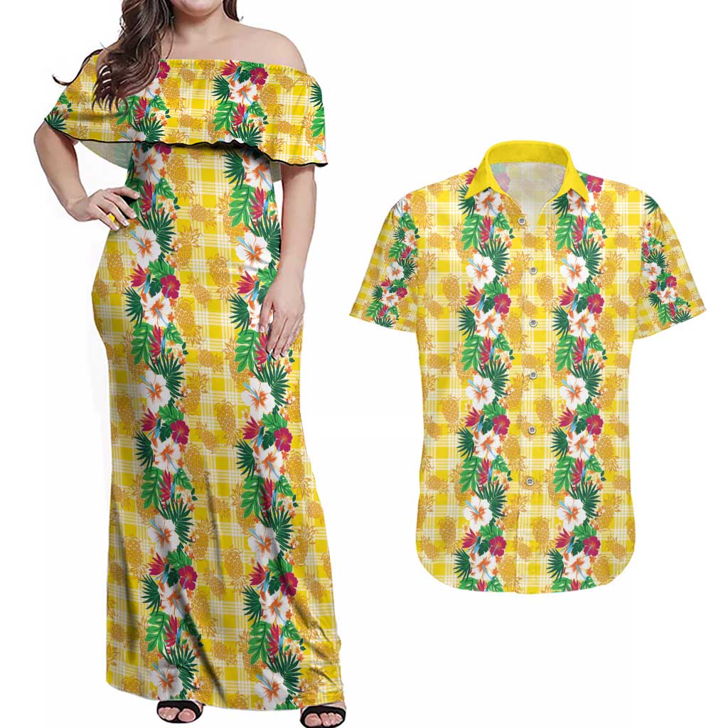 Hawaiian Palaka Couples Matching Off Shoulder Maxi Dress and Hawaiian Shirt Hibiscus Pineapple Lei - Polynesian Pride