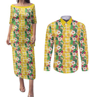 Hawaiian Palaka Couples Matching Puletasi and Long Sleeve Button Shirt Hibiscus Pineapple Lei - Polynesian Pride