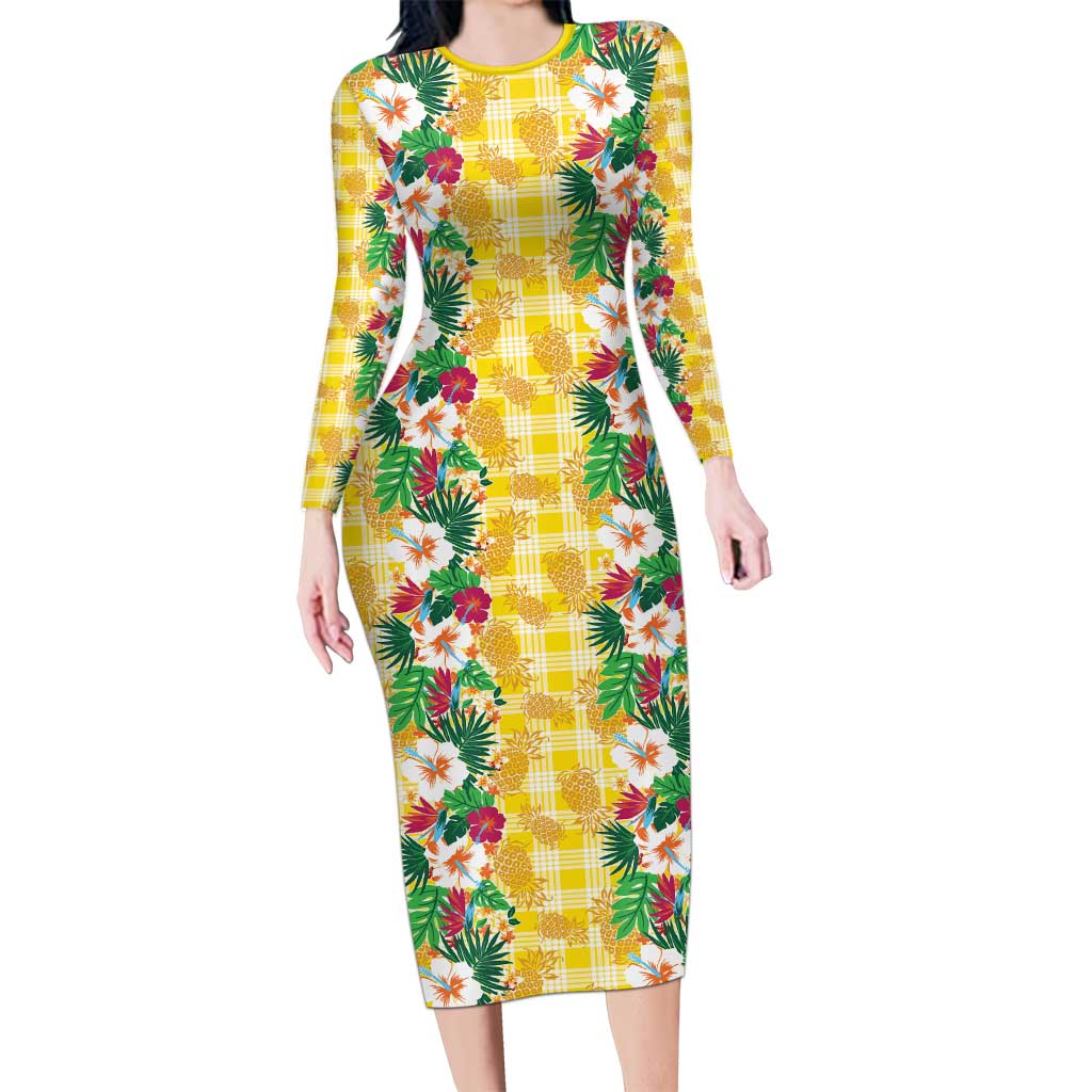 Hawaiian Palaka Family Matching Long Sleeve Bodycon Dress and Hawaiian Shirt Hibiscus Pineapple Lei - Polynesian Pride