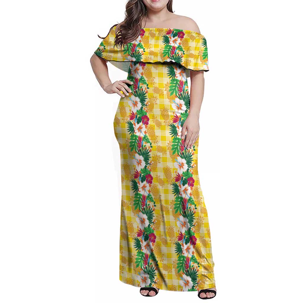 Hawaiian Palaka Family Matching Off Shoulder Maxi Dress and Hawaiian Shirt Hibiscus Pineapple Lei - Polynesian Pride