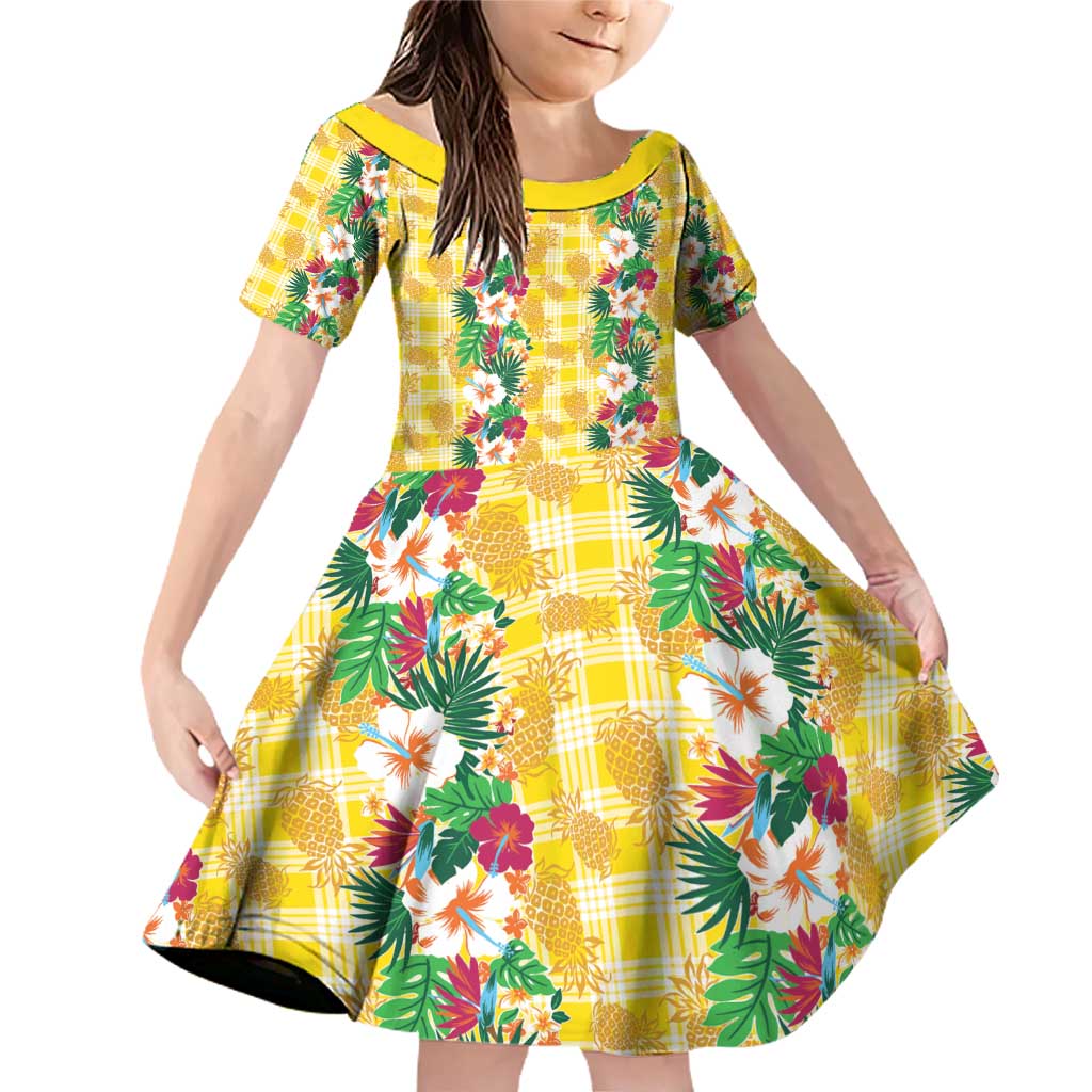 Hawaiian Palaka Family Matching Off Shoulder Short Dress and Hawaiian Shirt Hibiscus Pineapple Lei - Polynesian Pride