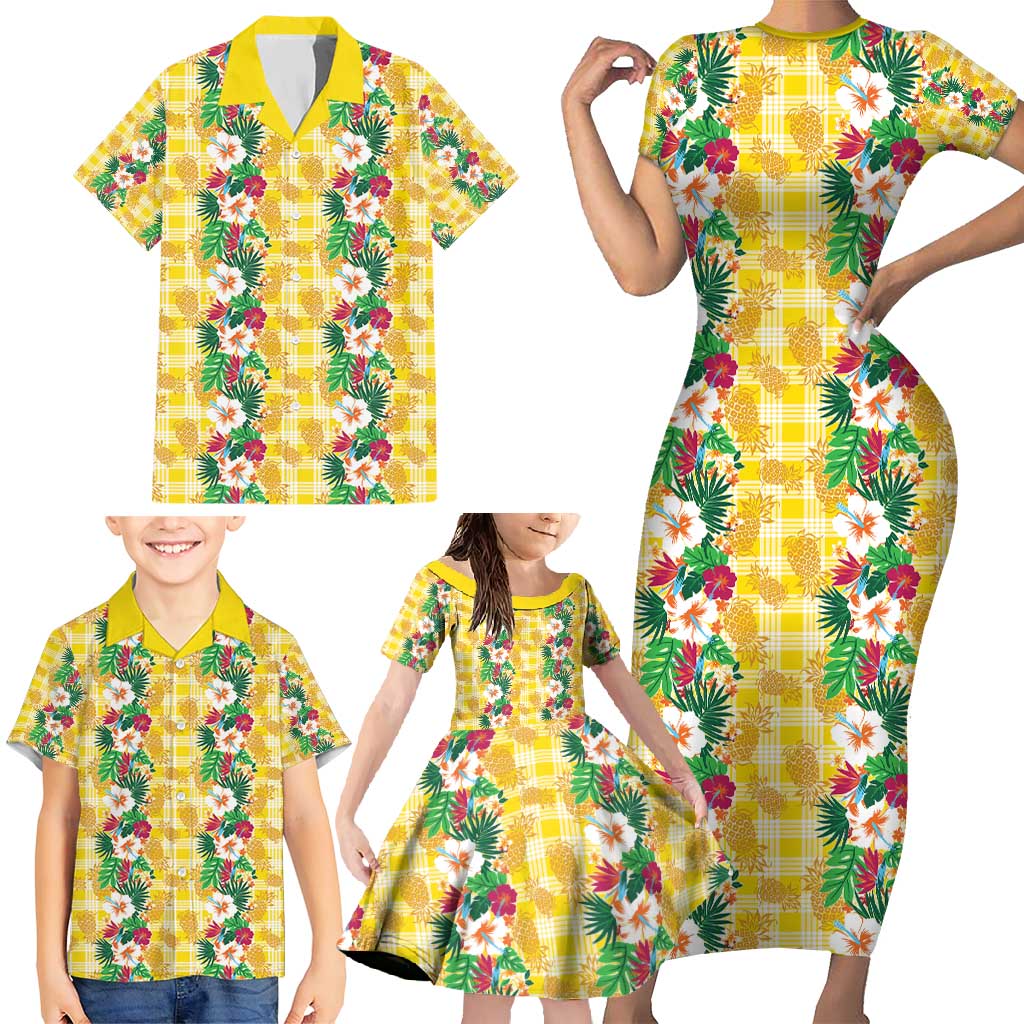 Hawaiian Palaka Family Matching Short Sleeve Bodycon Dress and Hawaiian Shirt Hibiscus Pineapple Lei - Polynesian Pride