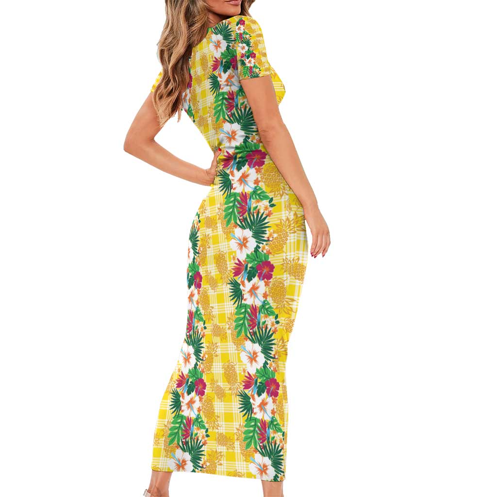 Hawaiian Palaka Family Matching Short Sleeve Bodycon Dress and Hawaiian Shirt Hibiscus Pineapple Lei - Polynesian Pride