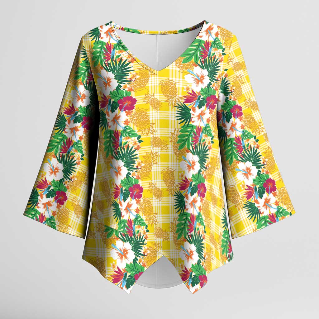 Hawaiian Palaka Kimono Sleeve Blouse Hibiscus Pineapple Lei - Polynesian Pride