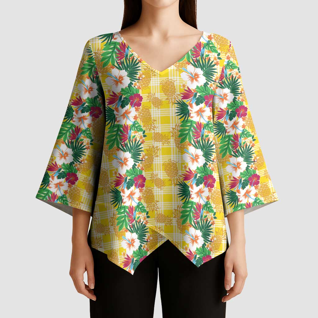 Hawaiian Palaka Kimono Sleeve Blouse Hibiscus Pineapple Lei - Polynesian Pride
