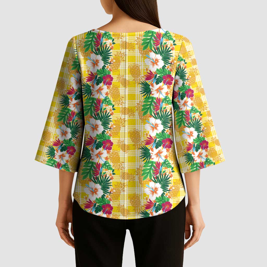 Hawaiian Palaka Kimono Sleeve Blouse Hibiscus Pineapple Lei - Polynesian Pride