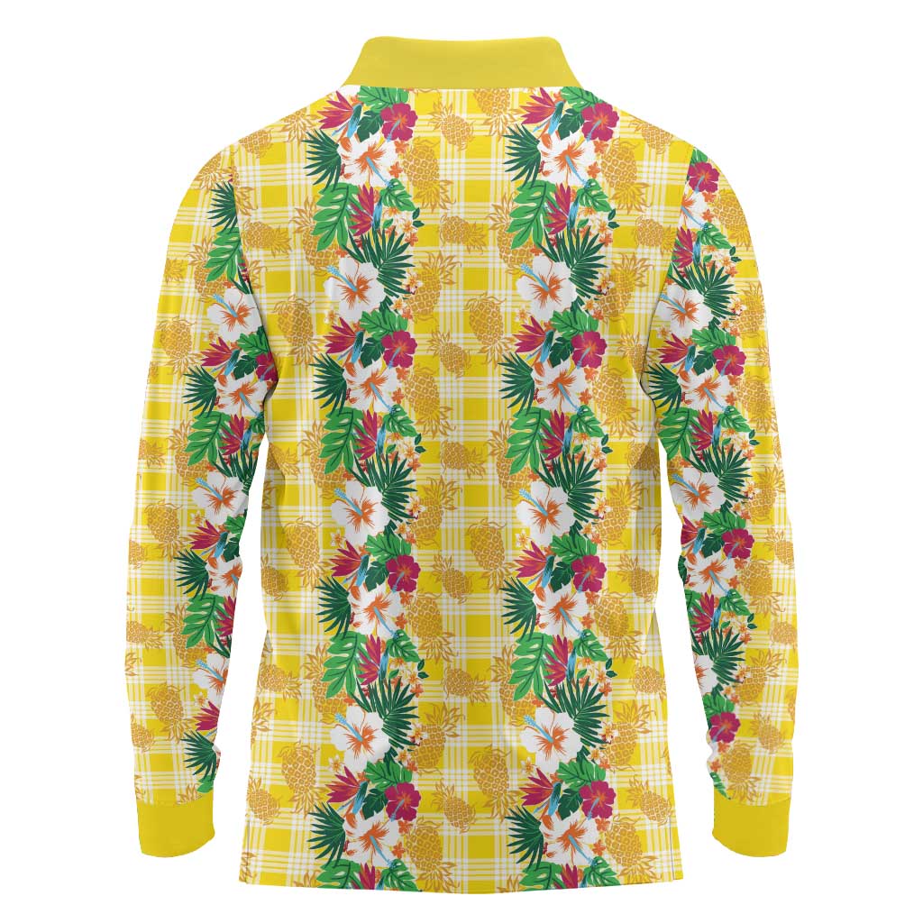 Hawaiian Palaka Long Sleeve Polo Shirt Hibiscus Pineapple Lei - Polynesian Pride