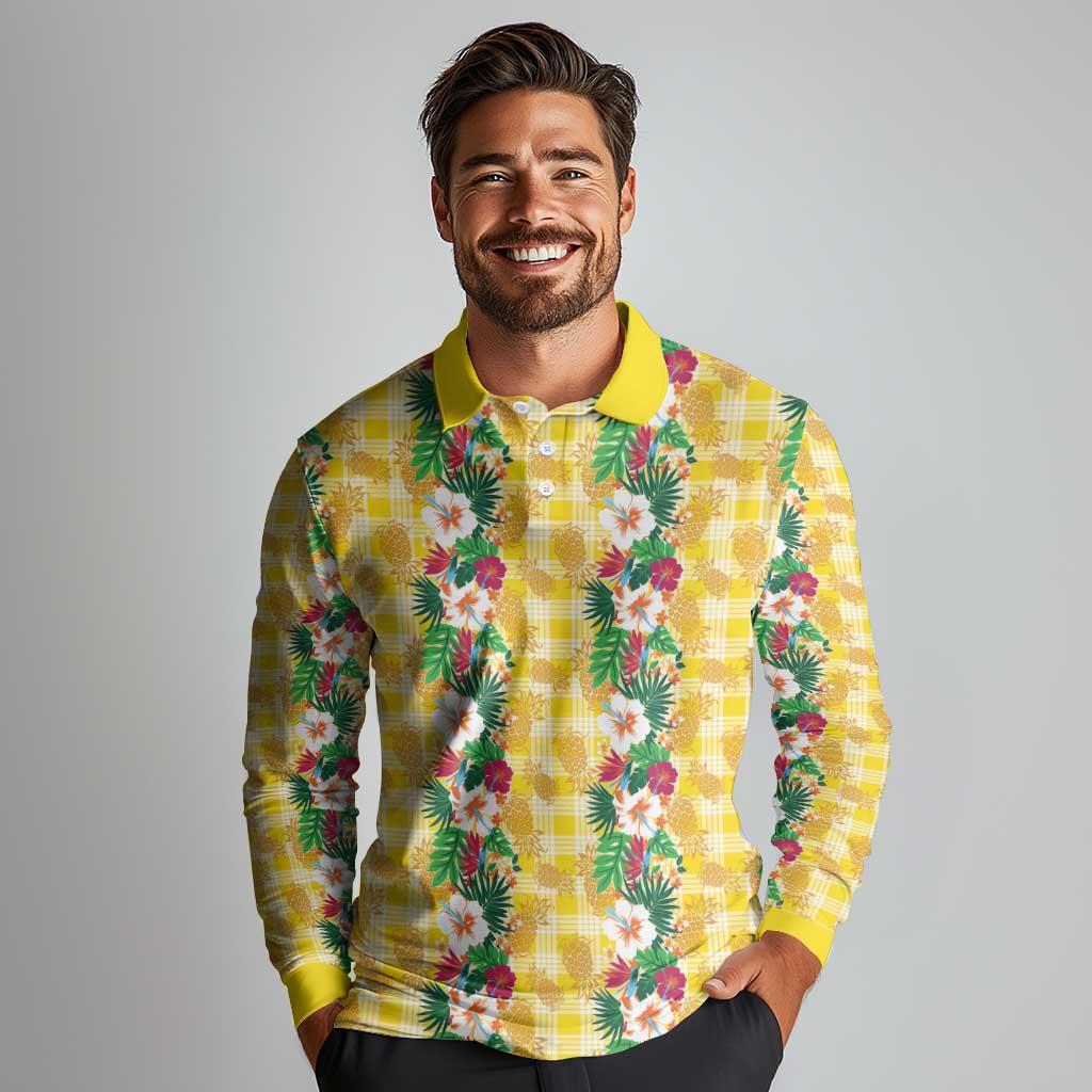 Hawaiian Palaka Long Sleeve Polo Shirt Hibiscus Pineapple Lei - Polynesian Pride