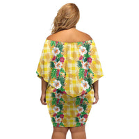 Hawaiian Palaka Off Shoulder Short Dress Hibiscus Pineapple Lei - Polynesian Pride