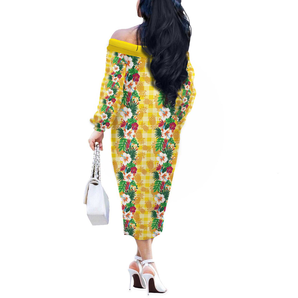 Hawaiian Palaka Off The Shoulder Long Sleeve Dress Hibiscus Pineapple Lei - Polynesian Pride