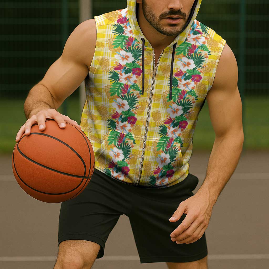 Hawaiian Palaka Sleeveless Zip Hoodie Hibiscus Pineapple Lei - Polynesian Pride