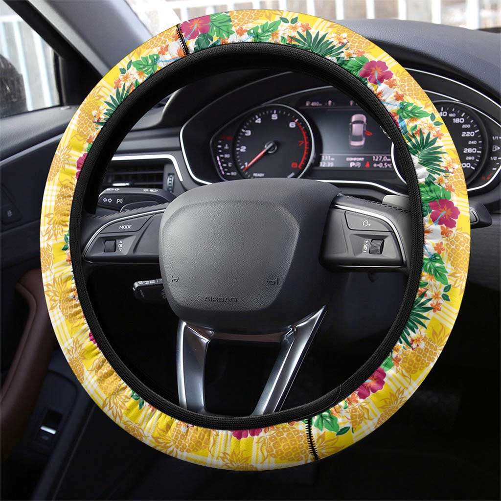 Hawaiian Palaka Steering Wheel Cover Hibiscus Pineapple Lei - Polynesian Pride