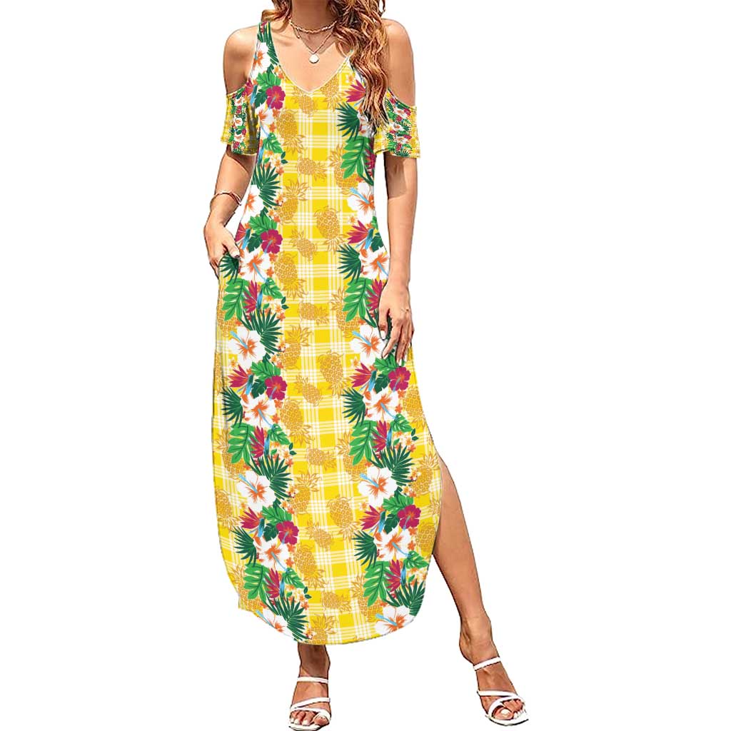 Hawaiian Palaka Summer Maxi Dress Hibiscus Pineapple Lei - Polynesian Pride