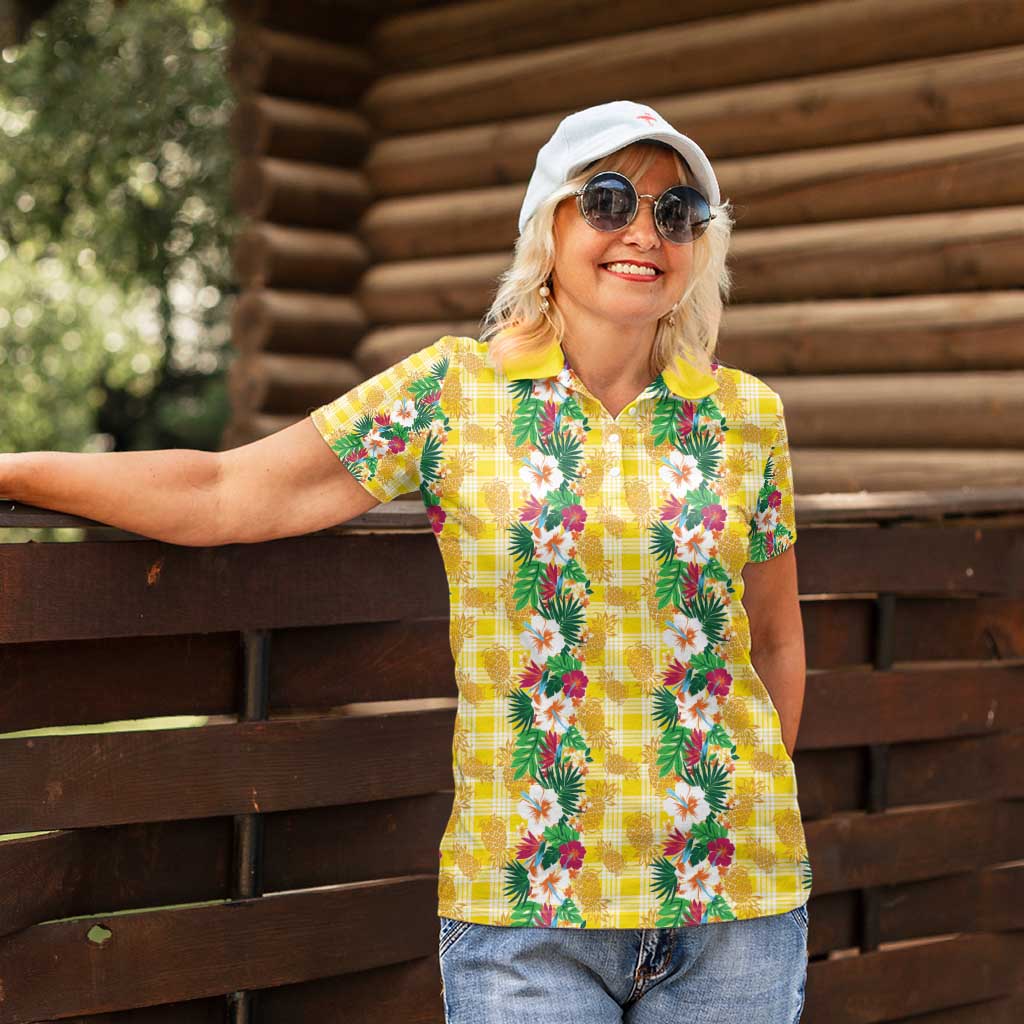 Hawaiian Palaka Women Polo Shirt Hibiscus Pineapple Lei - Polynesian Pride