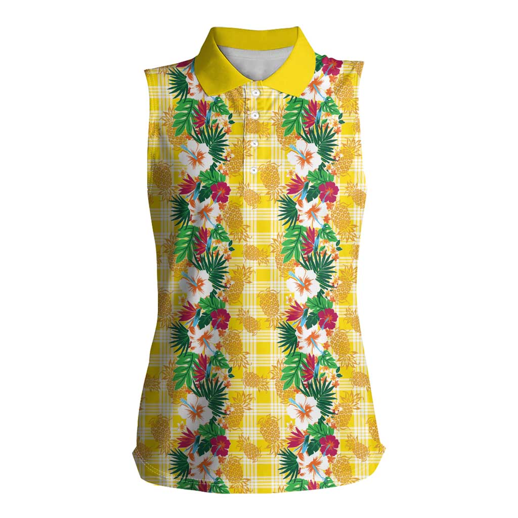 Hawaiian Palaka Women Sleeveless Polo Shirt Hibiscus Pineapple Lei - Polynesian Pride