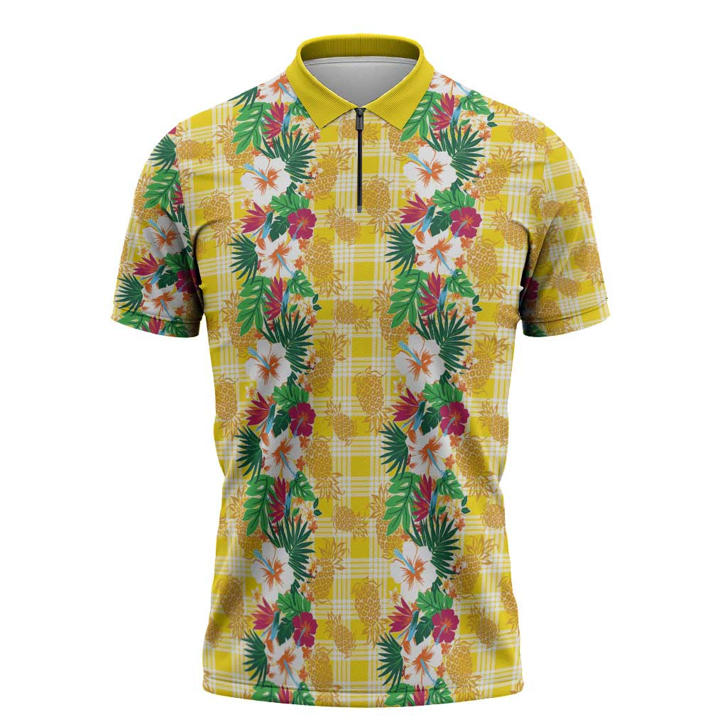 Hawaiian Palaka Zipper Polo Shirt Hibiscus Pineapple Lei - Polynesian Pride