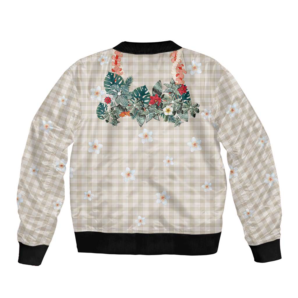 Brown Hawaiian Palaka Bomber Jacket Kukui Nut Money Lei - Polynesian Pride