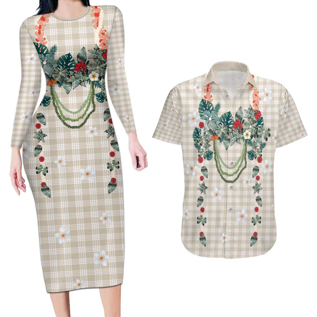 Brown Hawaiian Palaka Couples Matching Long Sleeve Bodycon Dress and Hawaiian Shirt Kukui Nut Money Lei - Polynesian Pride