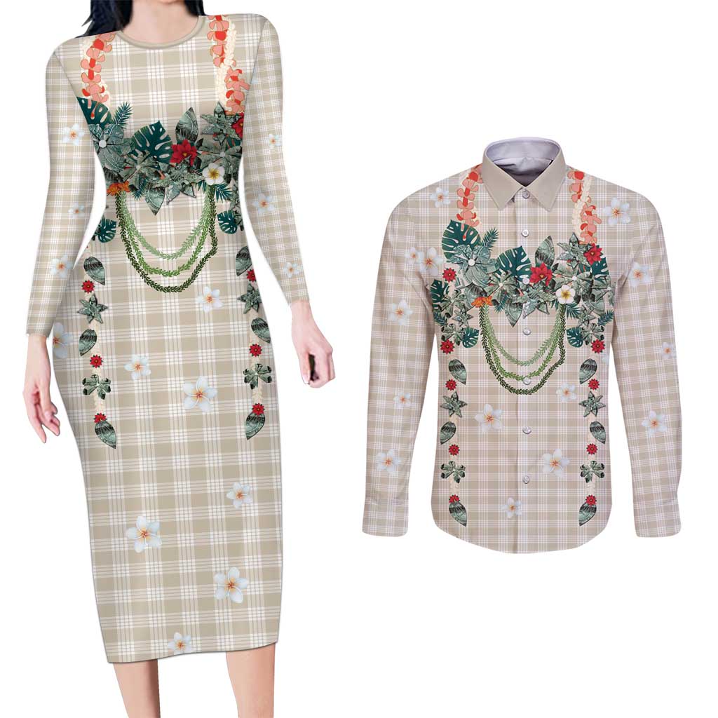 Brown Hawaiian Palaka Couples Matching Long Sleeve Bodycon Dress and Long Sleeve Button Shirt Kukui Nut Money Lei - Polynesian Pride