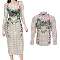 Brown Hawaiian Palaka Couples Matching Long Sleeve Bodycon Dress and Long Sleeve Button Shirt Kukui Nut Money Lei - Polynesian Pride