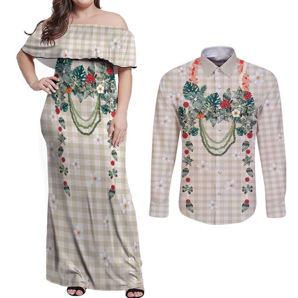 Brown Hawaiian Palaka Couples Matching Off Shoulder Maxi Dress and Long Sleeve Button Shirt Kukui Nut Money Lei - Polynesian Pride