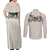 Brown Hawaiian Palaka Couples Matching Off Shoulder Maxi Dress and Long Sleeve Button Shirt Kukui Nut Money Lei - Polynesian Pride