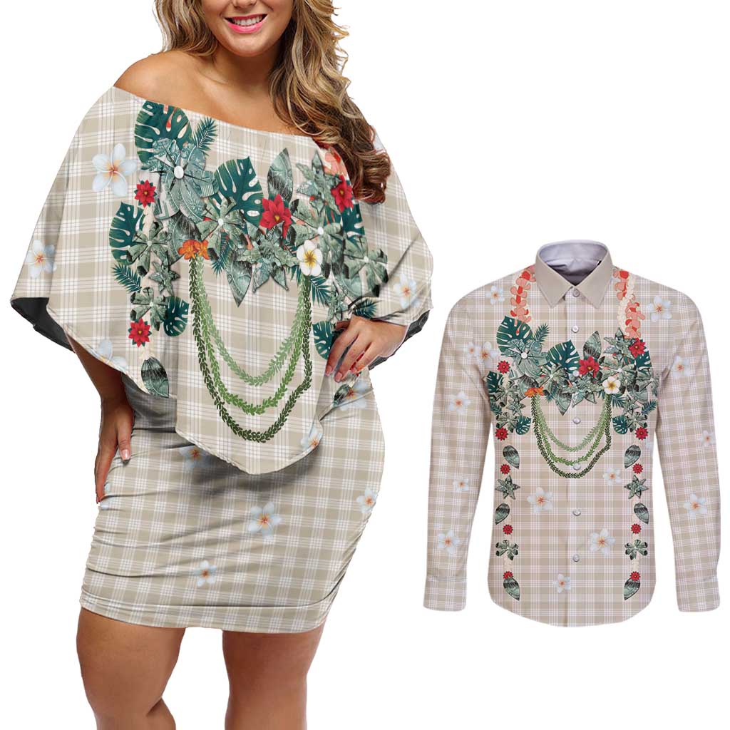 Brown Hawaiian Palaka Couples Matching Off Shoulder Short Dress and Long Sleeve Button Shirt Kukui Nut Money Lei - Polynesian Pride