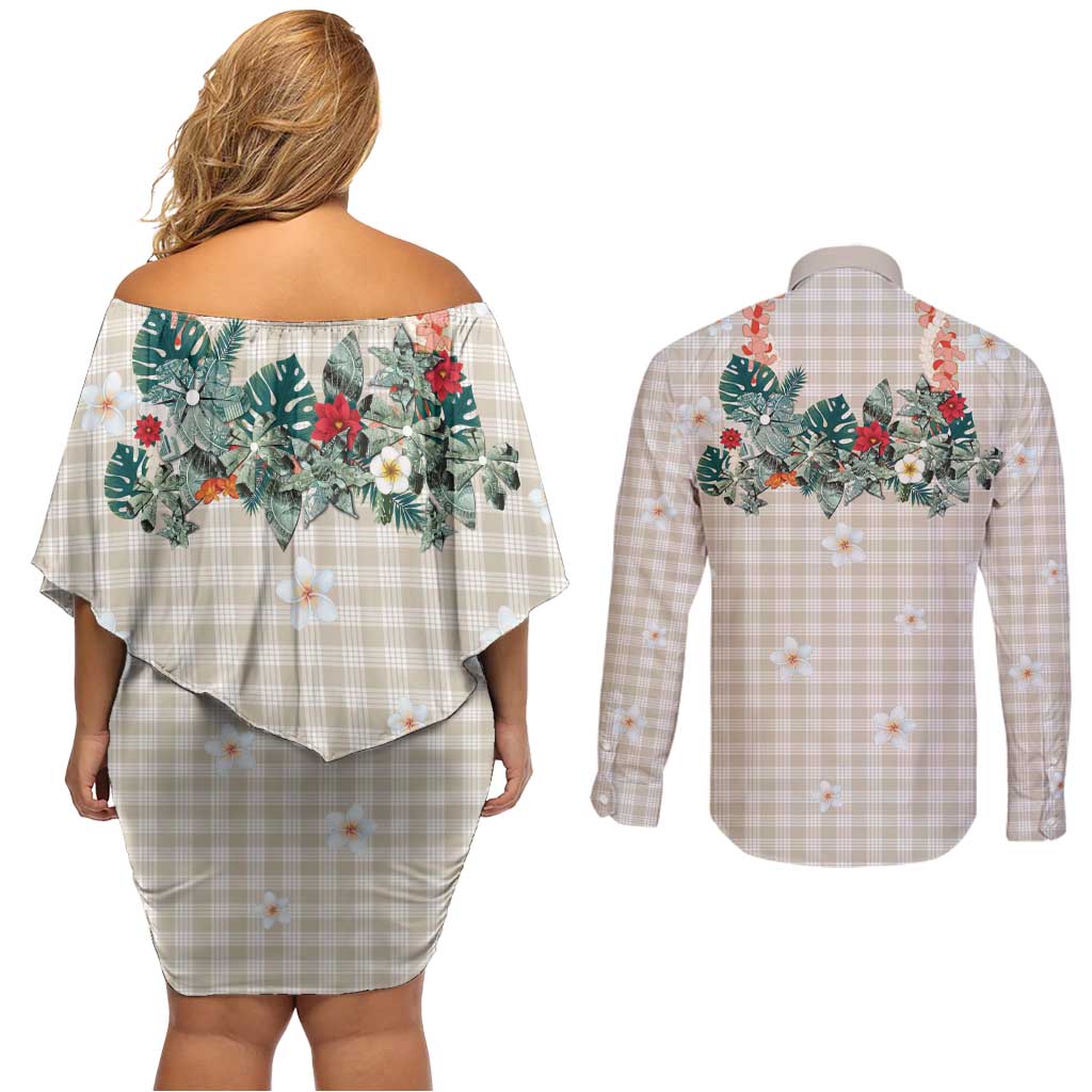 Brown Hawaiian Palaka Couples Matching Off Shoulder Short Dress and Long Sleeve Button Shirt Kukui Nut Money Lei - Polynesian Pride