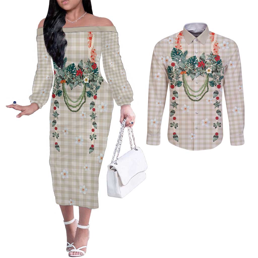 Brown Hawaiian Palaka Couples Matching Off The Shoulder Long Sleeve Dress and Long Sleeve Button Shirt Kukui Nut Money Lei - Polynesian Pride