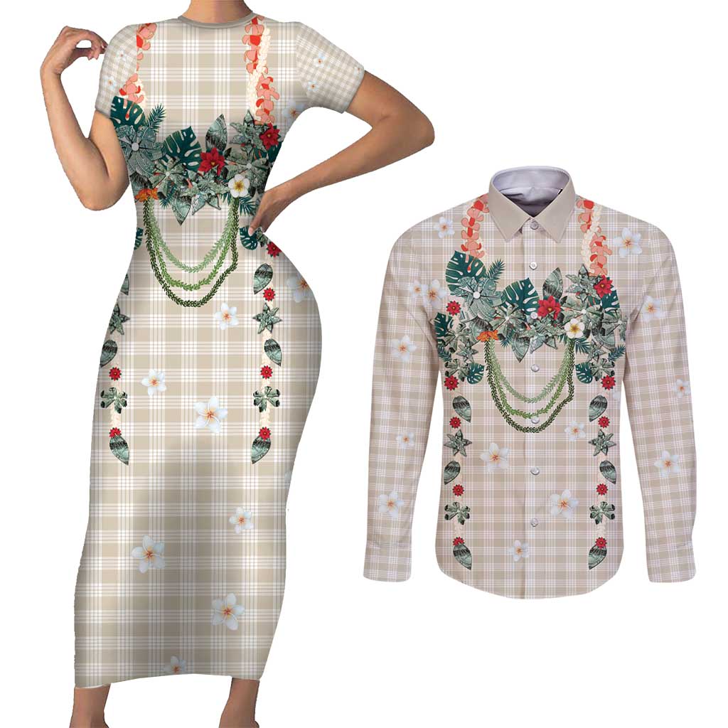 Brown Hawaiian Palaka Couples Matching Short Sleeve Bodycon Dress and Long Sleeve Button Shirt Kukui Nut Money Lei - Polynesian Pride