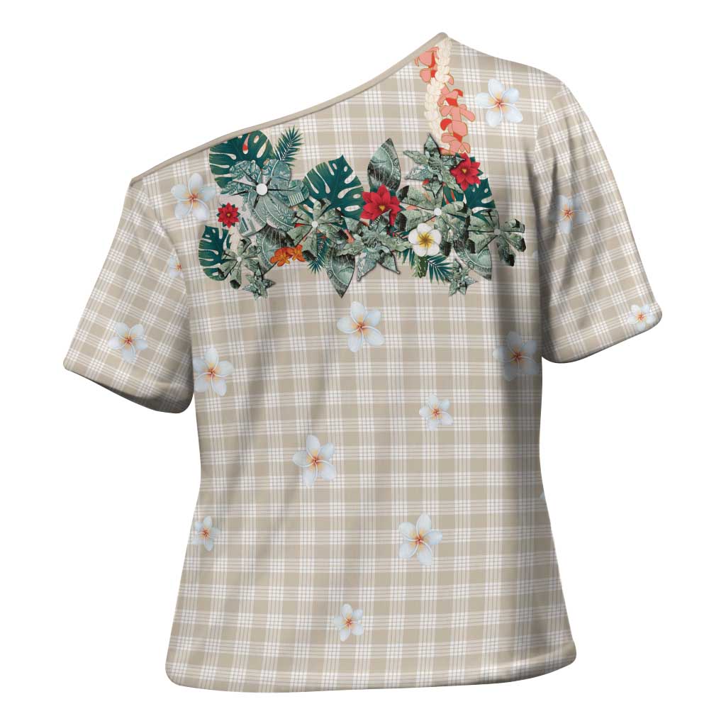 Brown Hawaiian Palaka Cross Shoulder Shirt Kukui Nut Money Lei - Polynesian Pride