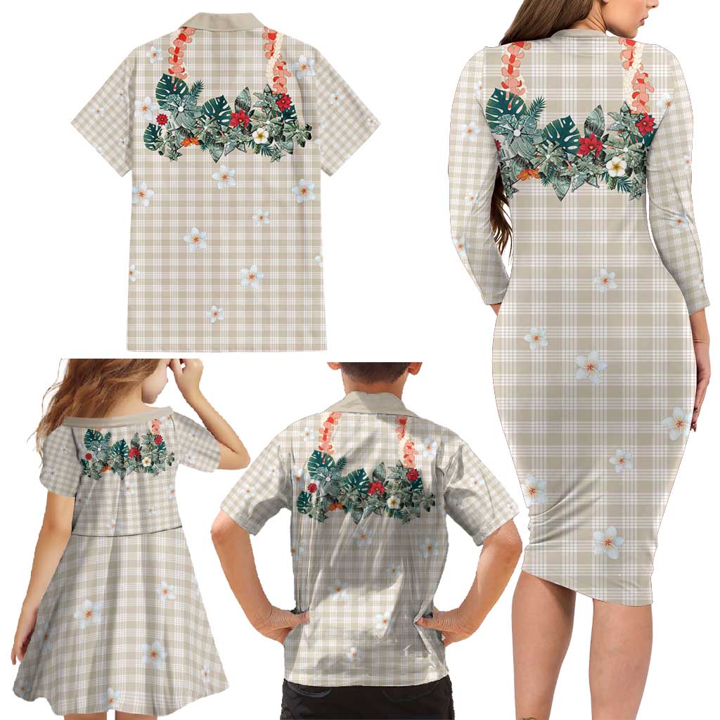 Brown Hawaiian Palaka Family Matching Long Sleeve Bodycon Dress and Hawaiian Shirt Kukui Nut Money Lei - Polynesian Pride