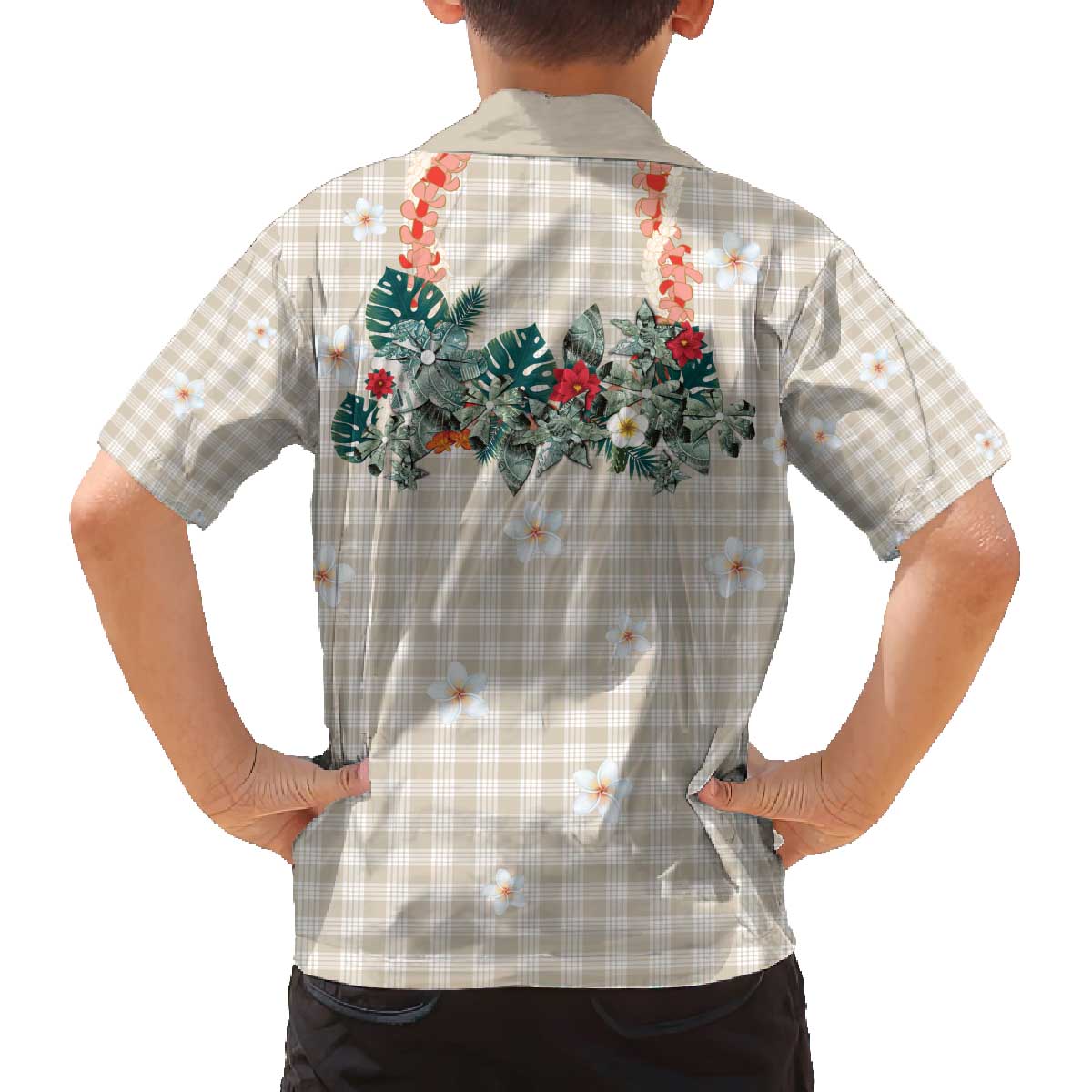 Brown Hawaiian Palaka Family Matching Off The Shoulder Long Sleeve Dress and Hawaiian Shirt Kukui Nut Money Lei - Polynesian Pride