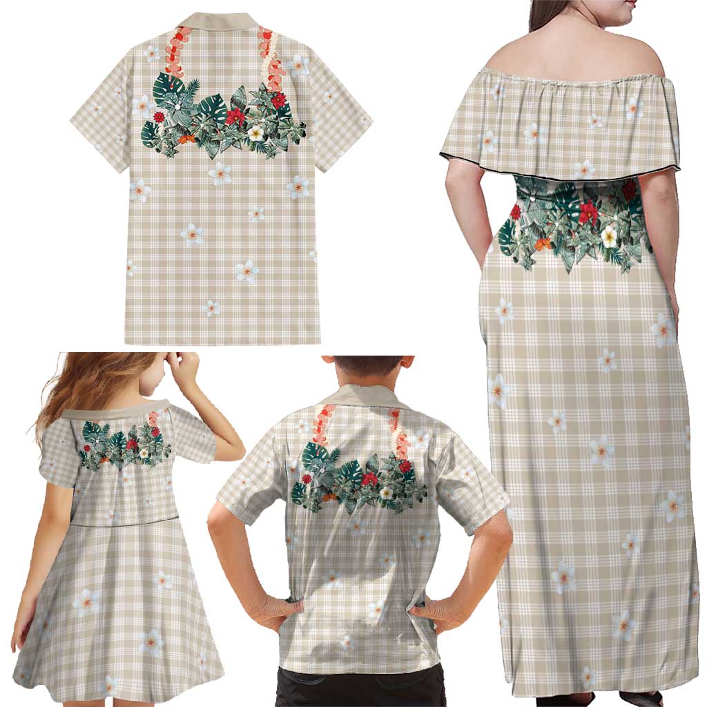 Brown Hawaiian Palaka Family Matching Off Shoulder Maxi Dress and Hawaiian Shirt Kukui Nut Money Lei - Polynesian Pride