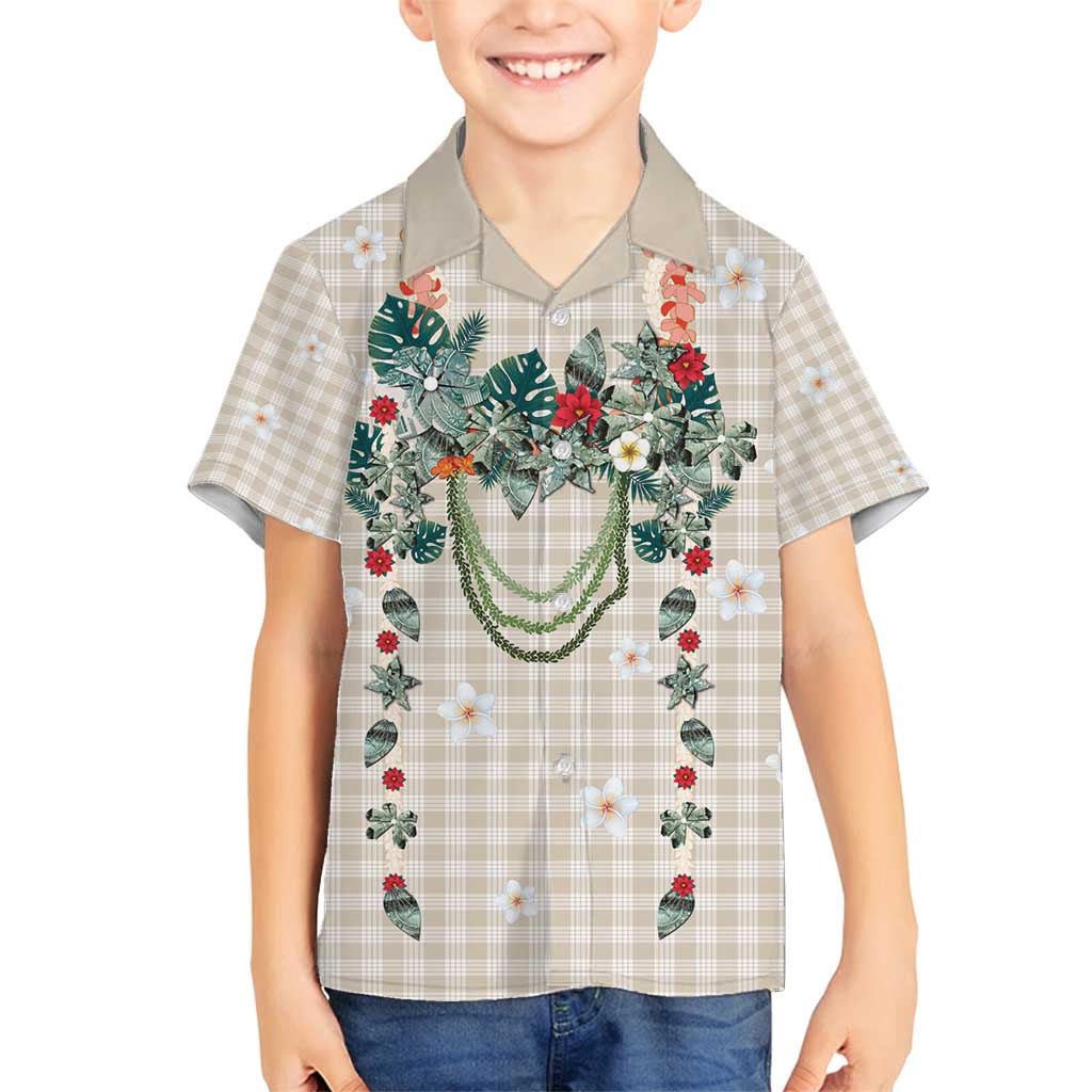 Brown Hawaiian Palaka Family Matching Off Shoulder Short Dress and Hawaiian Shirt Kukui Nut Money Lei - Polynesian Pride