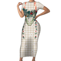 Brown Hawaiian Palaka Family Matching Short Sleeve Bodycon Dress and Hawaiian Shirt Kukui Nut Money Lei - Polynesian Pride