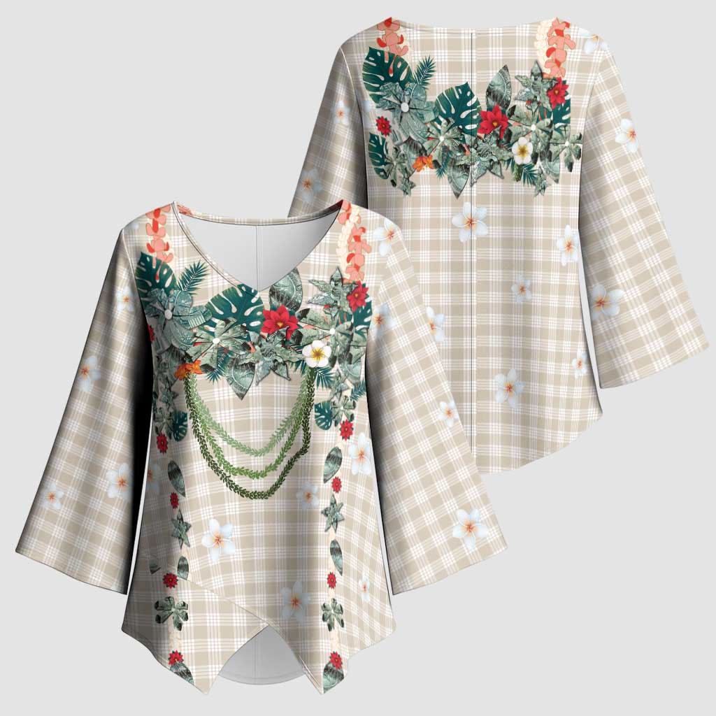 Brown Hawaiian Palaka Kimono Sleeve Blouse Kukui Nut Money Lei - Polynesian Pride