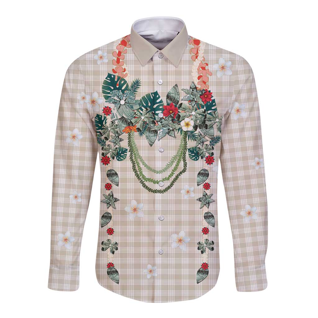 Brown Hawaiian Palaka Long Sleeve Button Shirt Kukui Nut Money Lei - Polynesian Pride