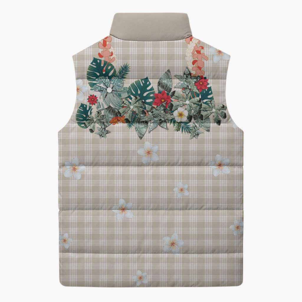 Brown Hawaiian Palaka Sleeveless Puffer Jacket Kukui Nut Money Lei - Polynesian Pride