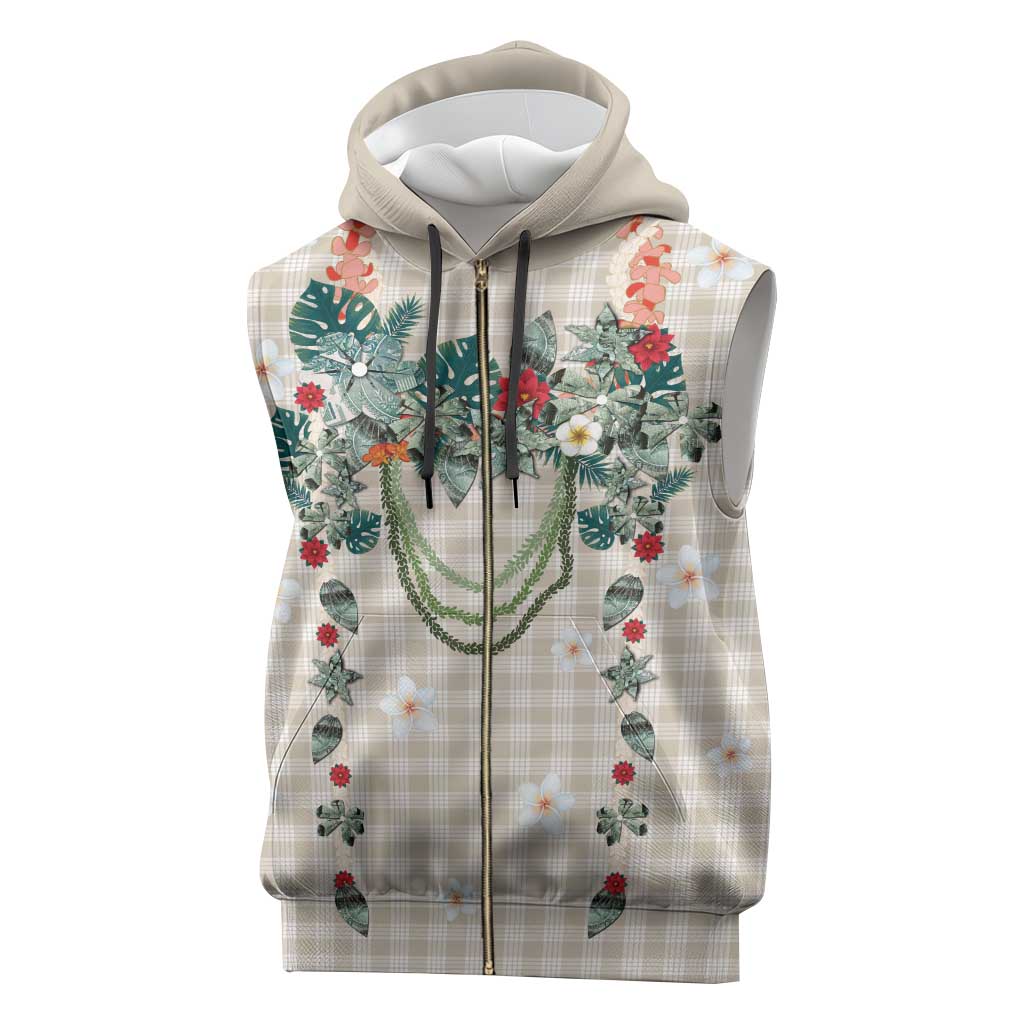 Brown Hawaiian Palaka Sleeveless Zip Hoodie Kukui Nut Money Lei - Polynesian Pride