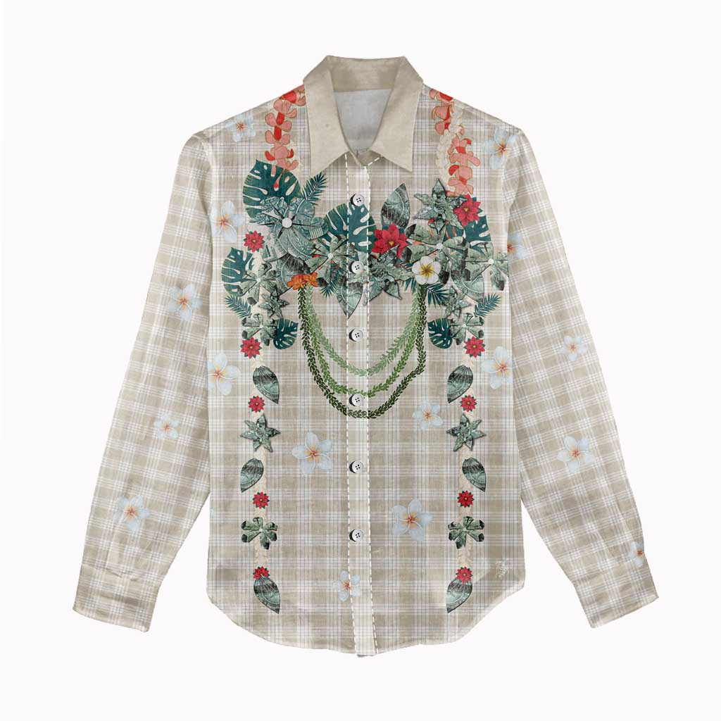 Brown Hawaiian Palaka Women Casual Shirt Kukui Nut Money Lei - Polynesian Pride