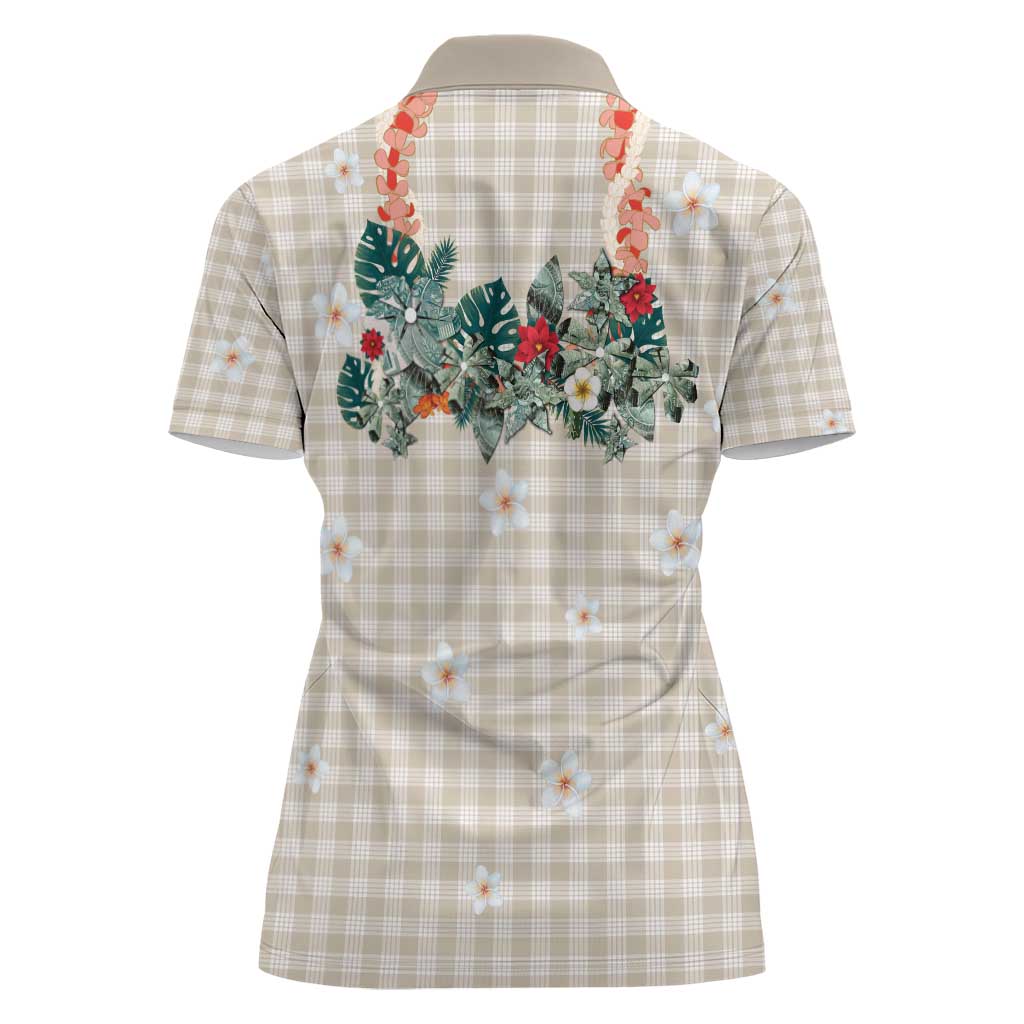 Brown Hawaiian Palaka Women Polo Shirt Kukui Nut Money Lei - Polynesian Pride