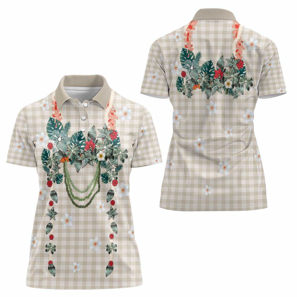 Brown Hawaiian Palaka Women Polo Shirt Kukui Nut Money Lei - Polynesian Pride