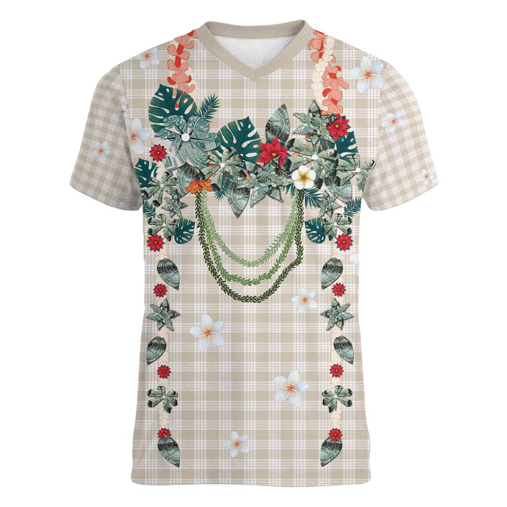 Brown Hawaiian Palaka Women V-Neck T-Shirt Kukui Nut Money Lei - Polynesian Pride