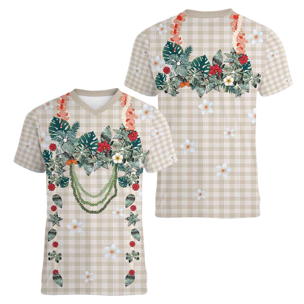 Brown Hawaiian Palaka Women V-Neck T-Shirt Kukui Nut Money Lei - Polynesian Pride