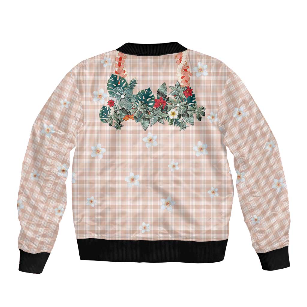 Peach Hawaiian Palaka Bomber Jacket Kukui Nut Money Lei - Polynesian Pride