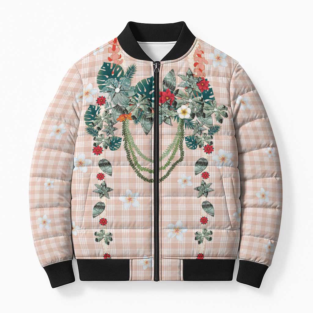 Peach Hawaiian Palaka Bomber Puffer Jacket Kukui Nut Money Lei LT9 Unisex Peach - Polynesian Pride