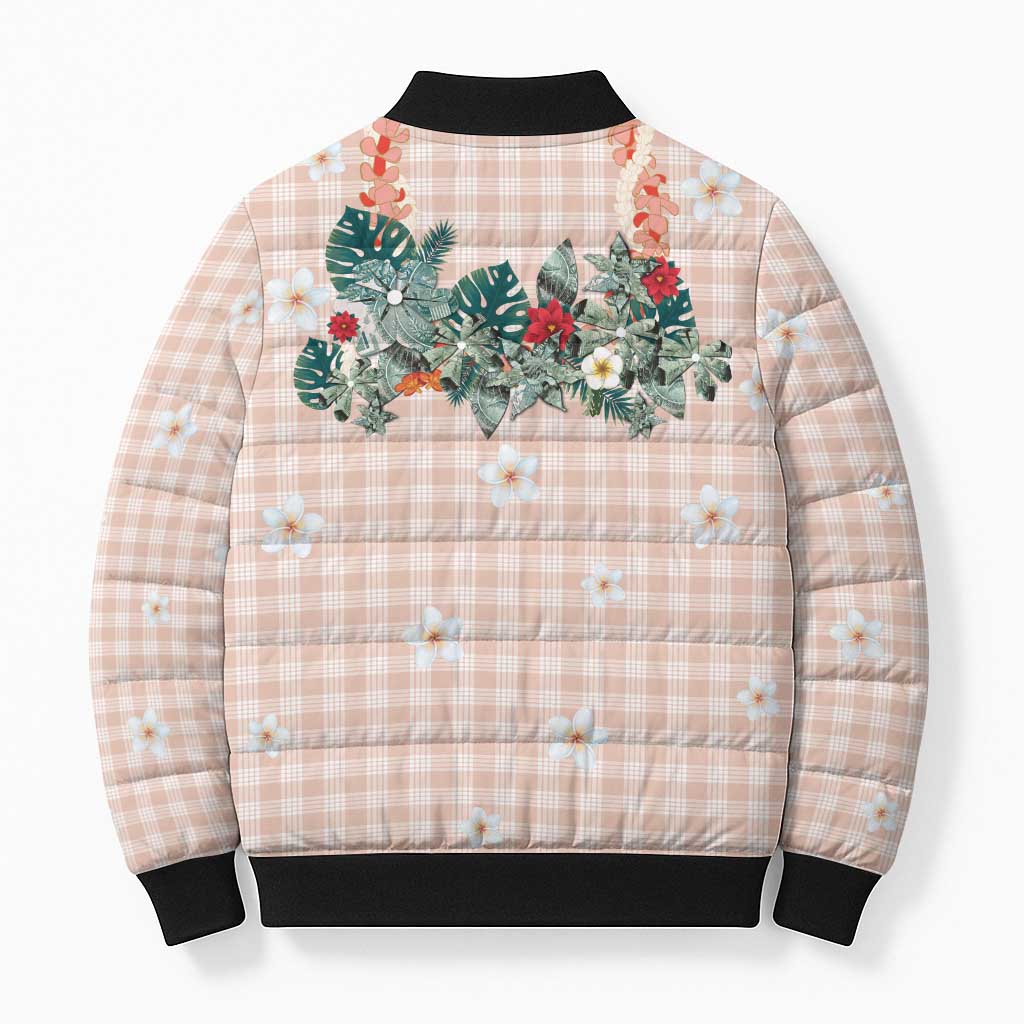 Peach Hawaiian Palaka Bomber Puffer Jacket Kukui Nut Money Lei LT9 - Polynesian Pride